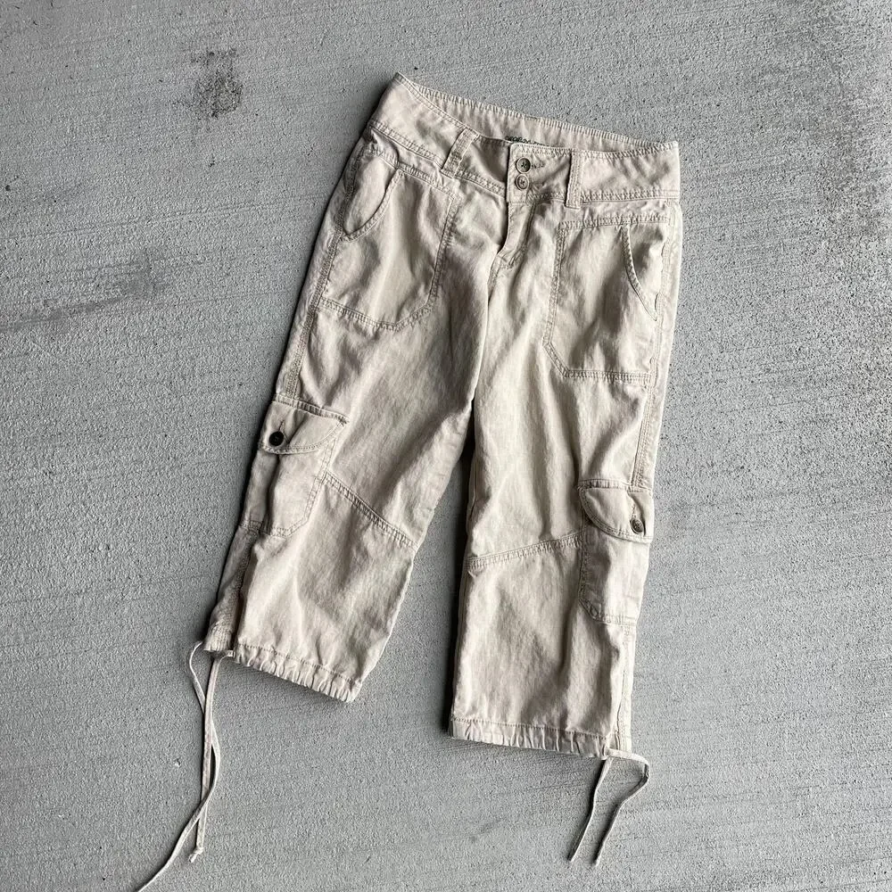 y2k vintage 2000's tan linen cotton midrise loose cargo cropped capri pants 6 - Picture 1 of 7